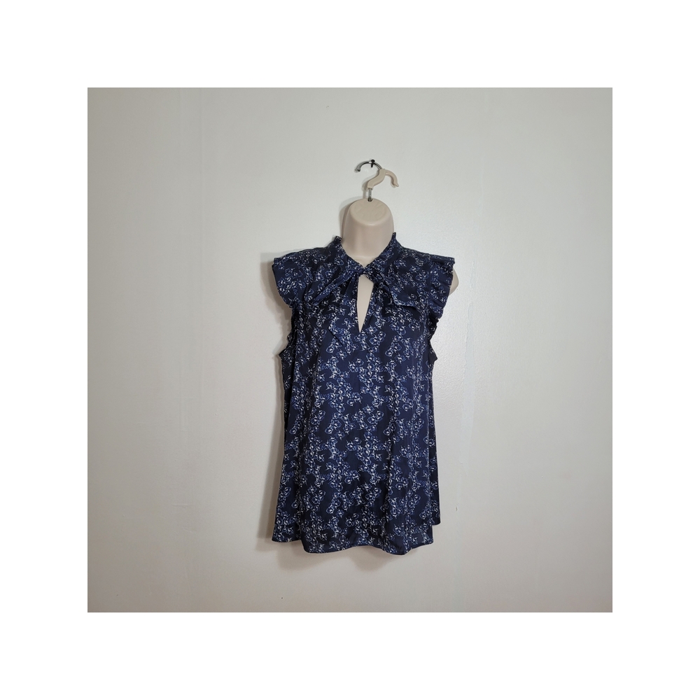 Banana Republic Navy Floral Tie-Neck Flutter Ruffle Short Sleeve Slip On Blouse